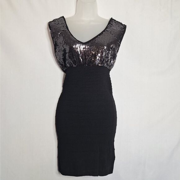 Guess Womens Sequin Mini Dress Black Sleeveless Textured Bodycon Cocktail Small - Picture 1 of 10